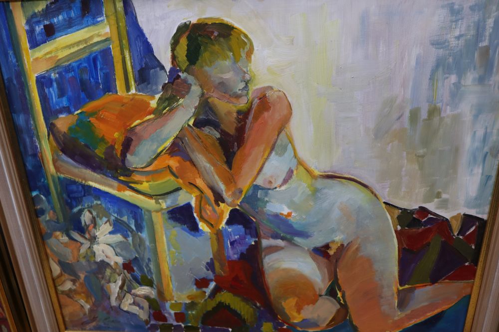 Dino Mazzoli, oil on board, Seated female nude and another nude study by Gill Emslie, 55 x 37cm and 60 x 75cm